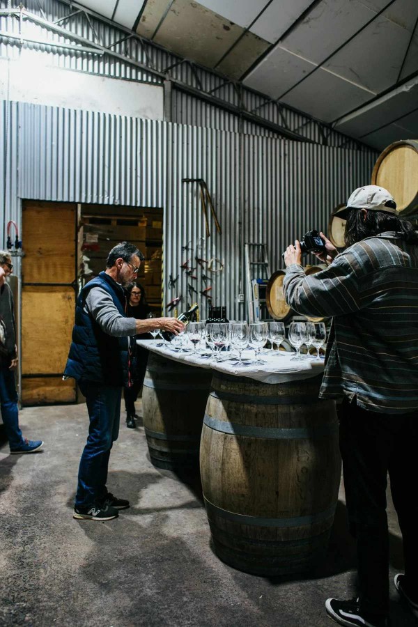 hombre sirviendo copas para una cata de vinos en una bodega
